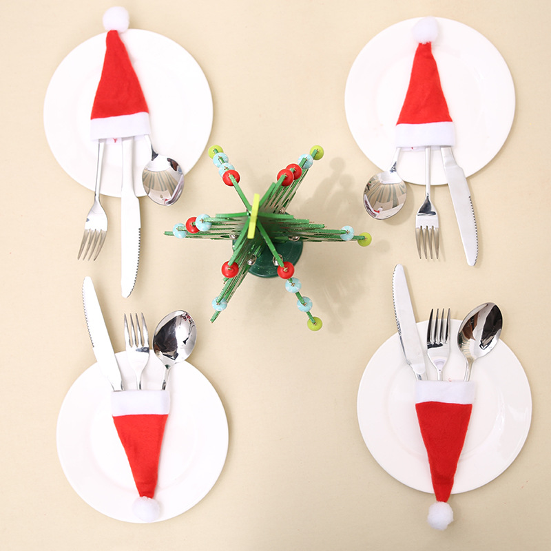 10 Pairs Christmas Hats Cutlery Bottles Non-woven Cap Christmas Decoration Tableware Bag